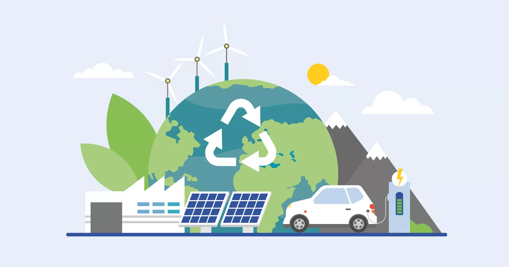 Illustration einer Weltkugel mit Bergen und Sonne im Hintergrund. Im Vordergrund sieht man eine Fabrikhalle, Solarmodule und ein E-Auto, das mit einer Ladesäule verbunden ist.