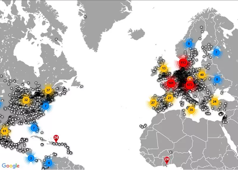 Map with pins of 1400 people who had shared their contributions towards 24 hours of sun with the world.