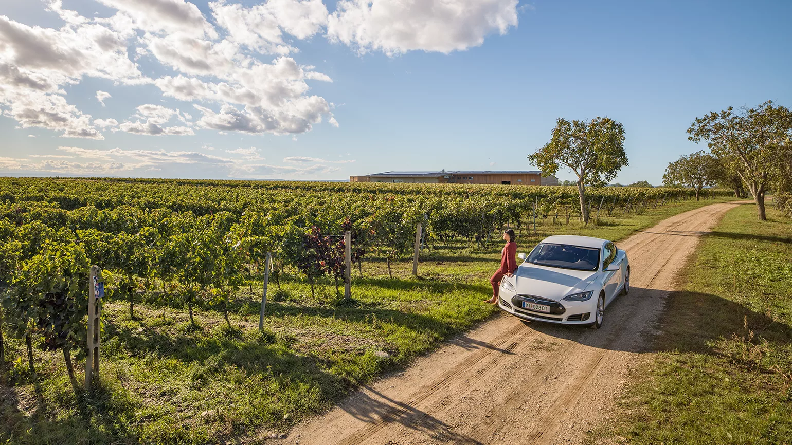 Woman with e-car in a field