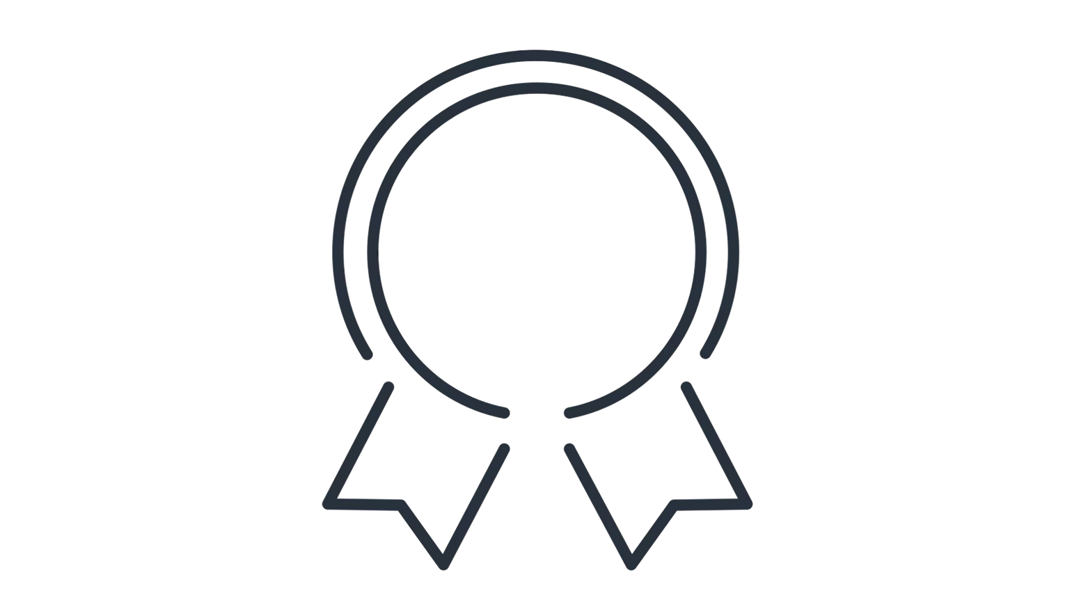 Quality icon: stylized award badge with two ribbons in black on a white background.