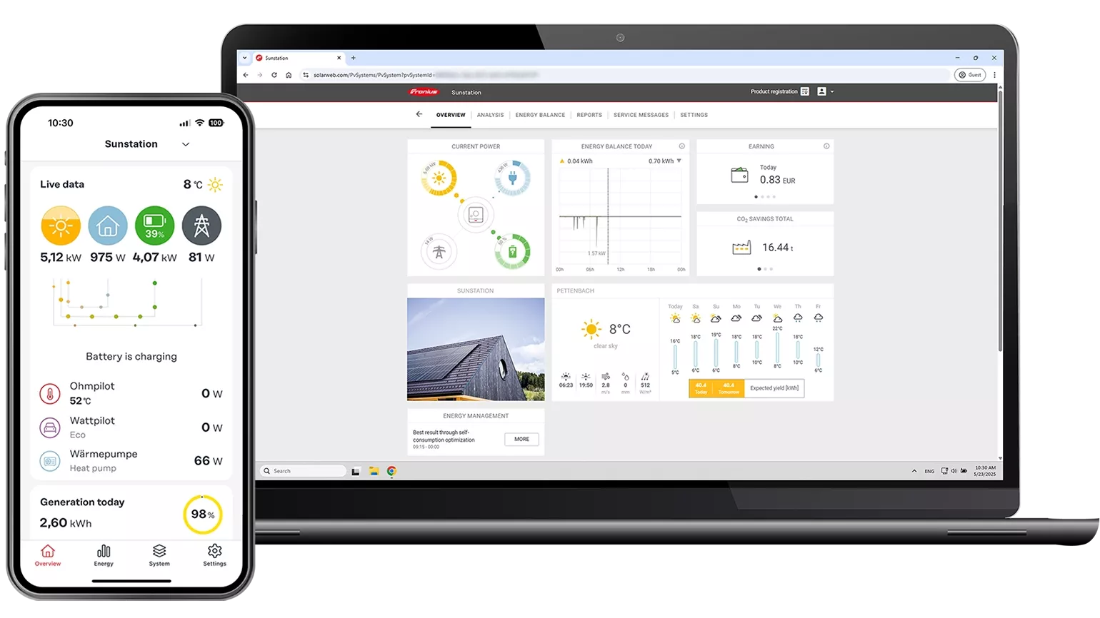Mockup of Fronius Solar.web showing app view on smartphone and dashboard on laptop.