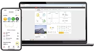 Mockup of Fronius Solar.web showing app view on smartphone and dashboard on laptop.