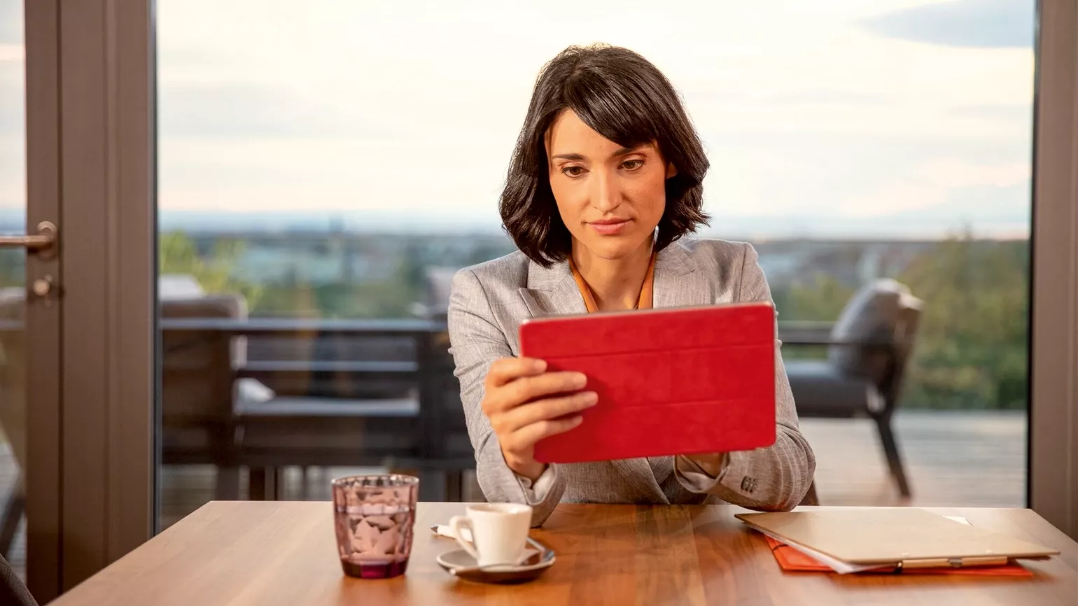 woman is checking her device