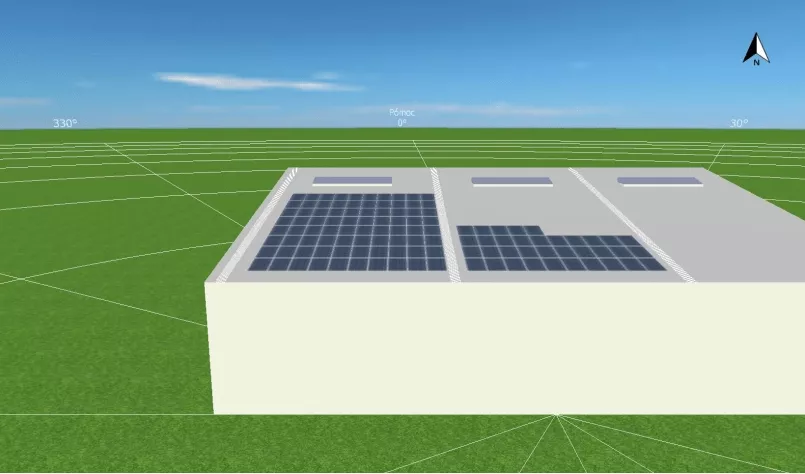 Rys. 6. Moduły w instalacji przemysłowej na dachu płaskim. Źródło: program PV*Sol premium 2019 (R6)