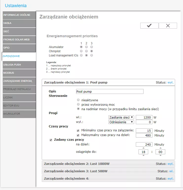 Rysunek 11 – Konfiguracja wyjść zarządzania obciążeniami