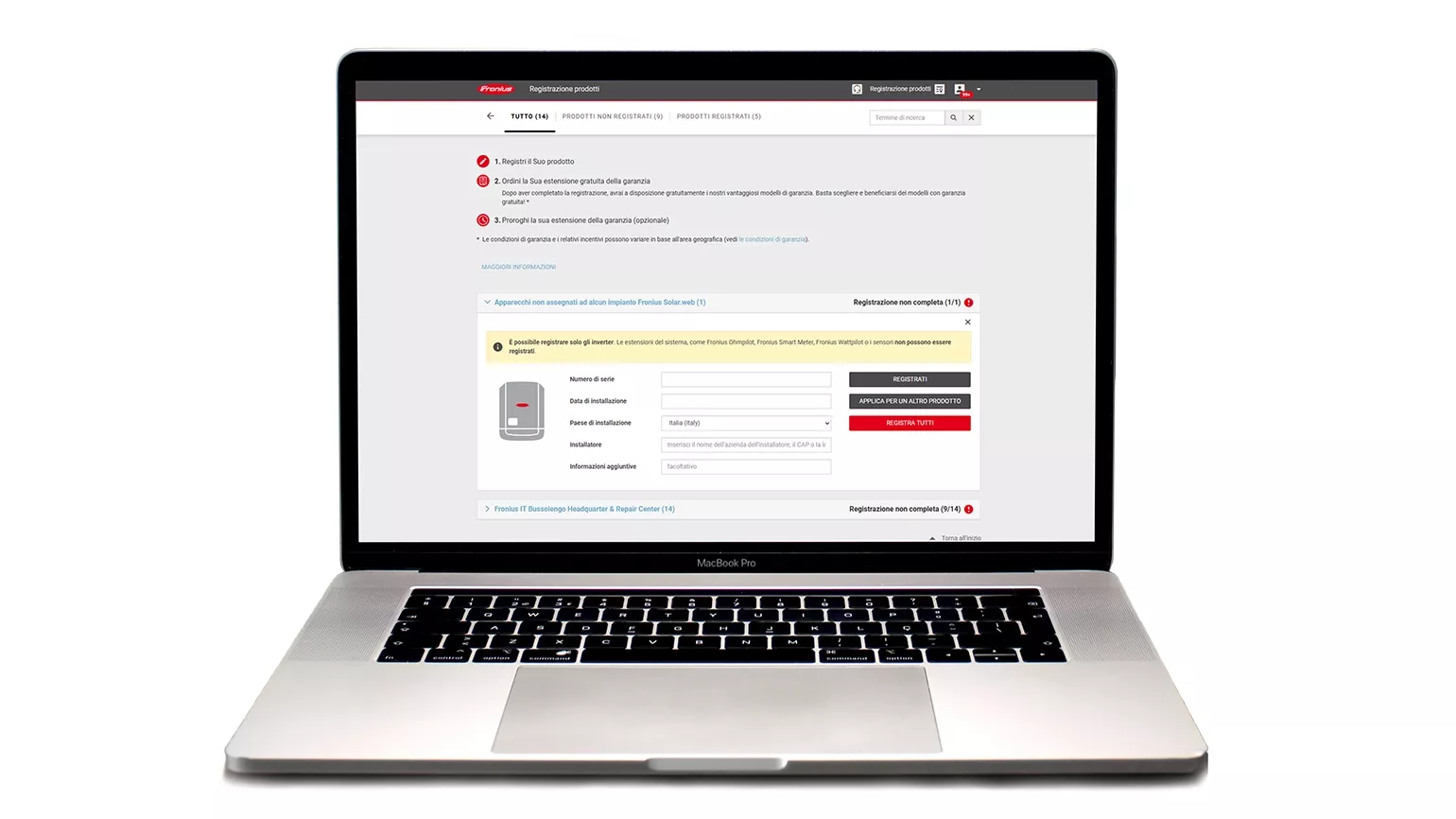Schermata PC registrazione prodotti