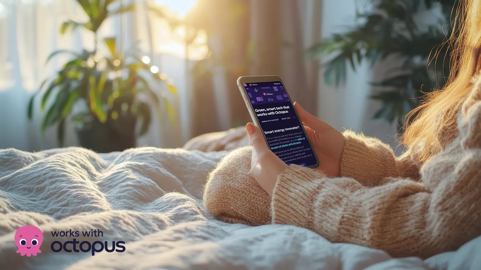 Woman sitting on a bed, looking at her smartphone displaying the Agile Octopus interface.